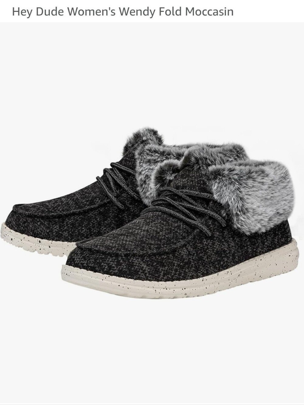 Hey Dude Women's Wendy Fold Moccasin in Charcoal Gray with Fur Collar Size 8